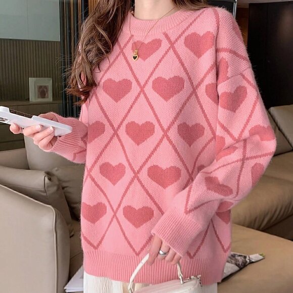 Pink Casual Womens Heart Pattern Drop Shoulder Oversized Sweater - Picture 4 of 5